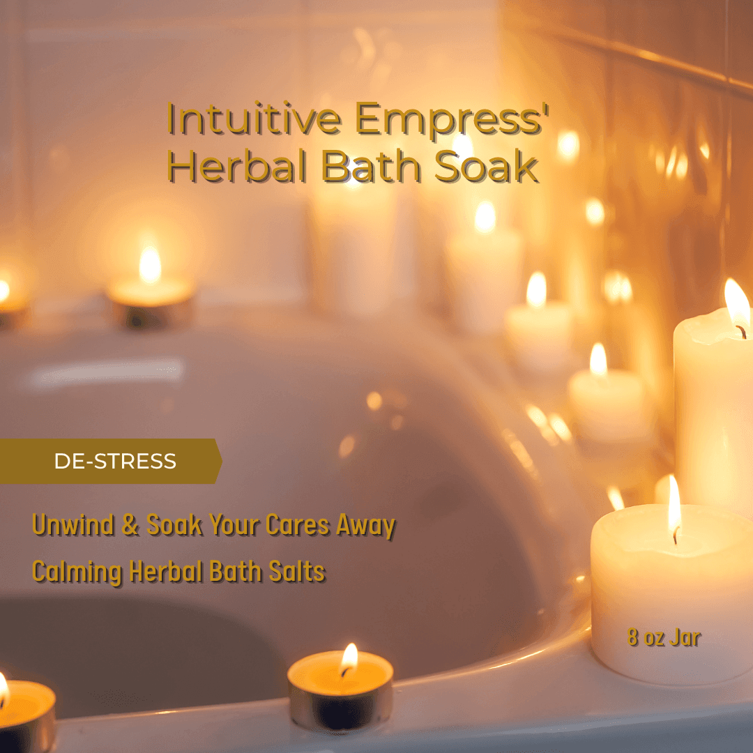 Bathtub surrounded by lit candles with text promoting a calming herbal bath soak for de-stressing.