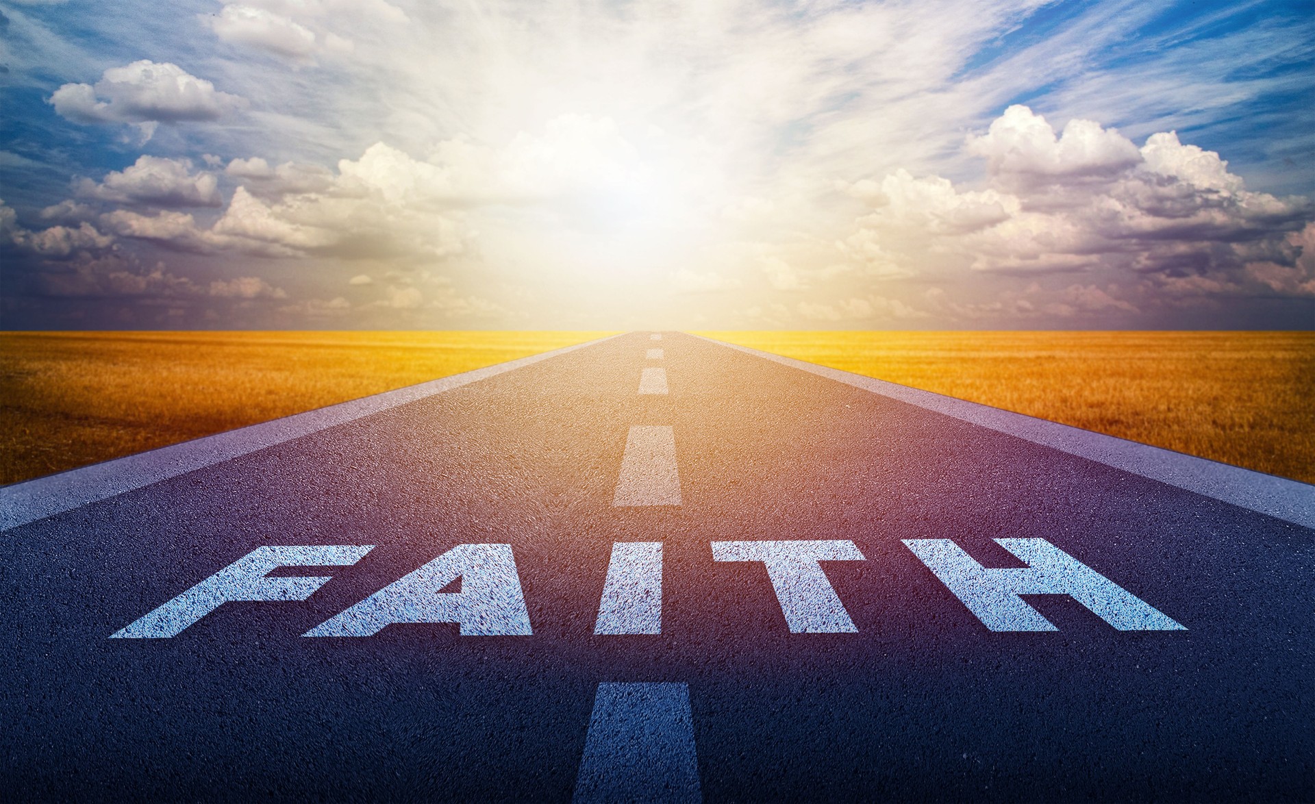 Faith word on a road and sunset sky. Religion concept background